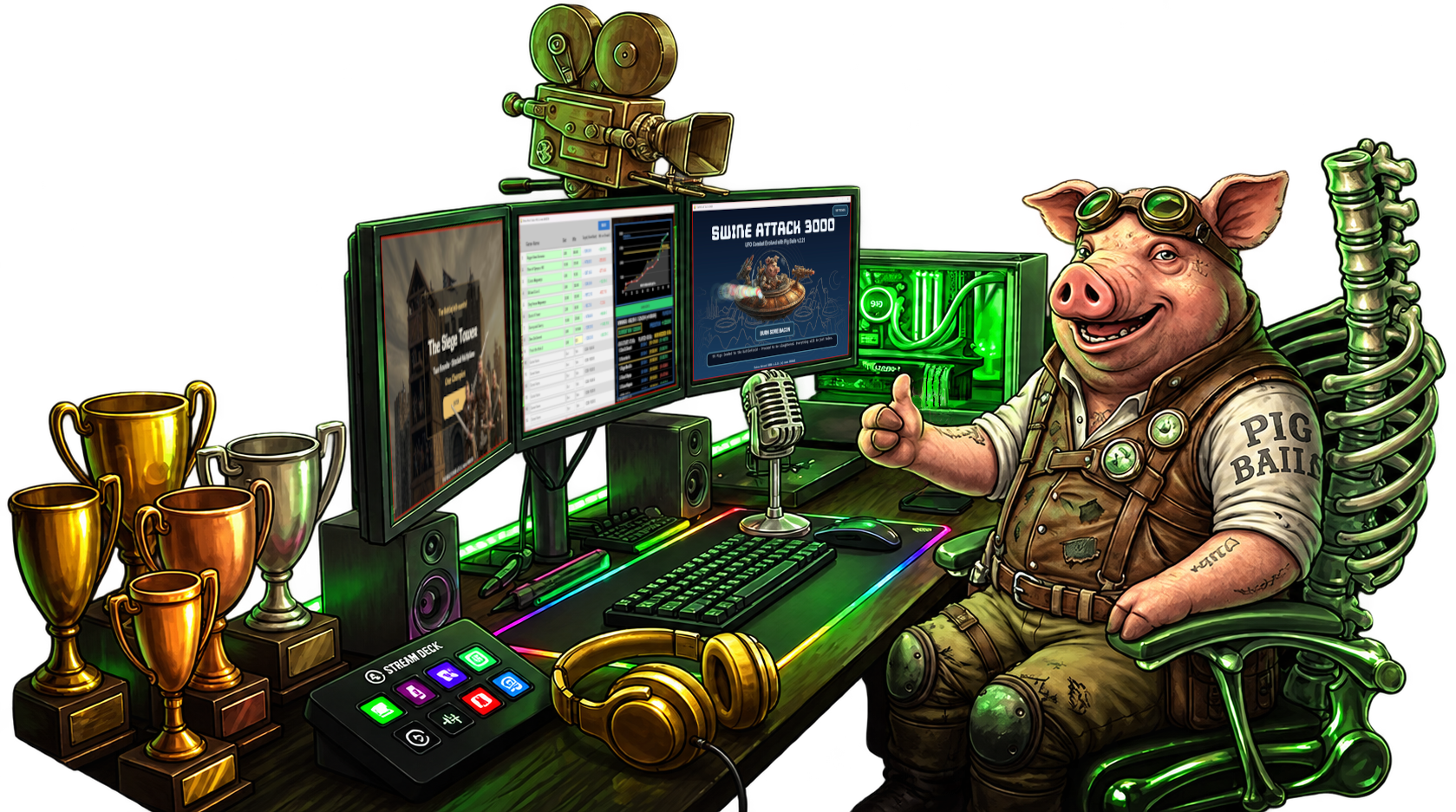 MORTALCINE pig mascot at a green-lit streaming setup with monitors, microphone and trophies