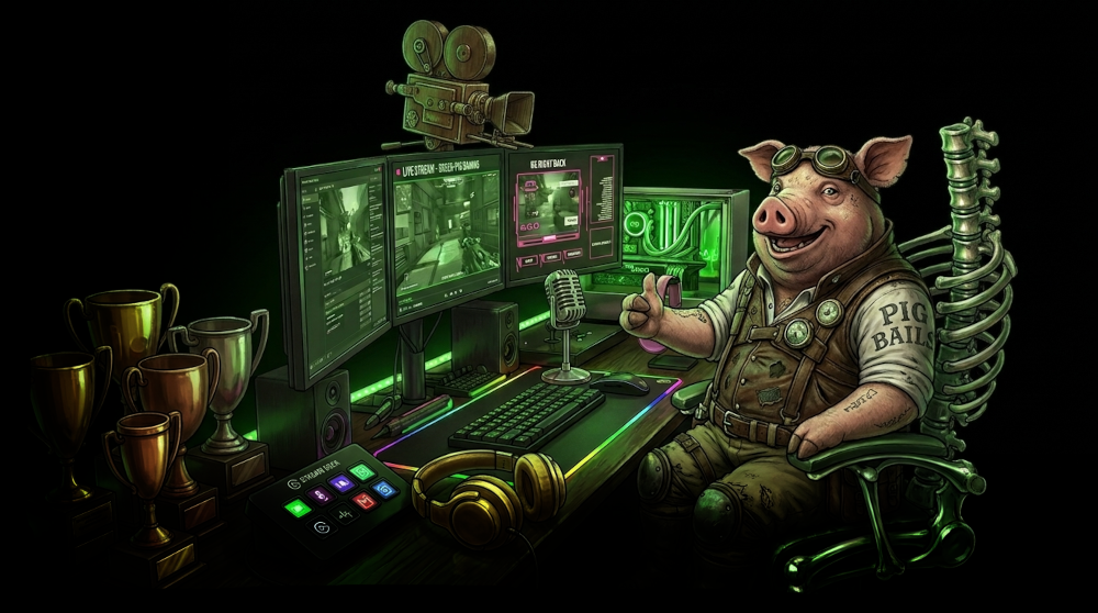 MORTALCINE pig mascot at a green-lit streaming setup with monitors, microphone and trophies